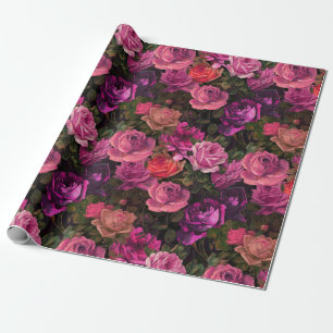 Vintage Victorian Purple Roses Pattern on black Wrapping Paper