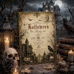 Vintage Victorian Raven Haunted House Halloween Invitation