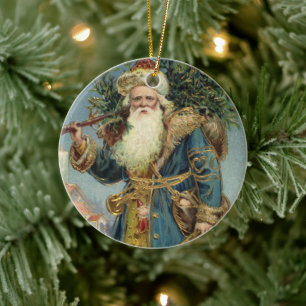 Vintage Victorian Santa Claus with Christmas Tree Ceramic Ornament