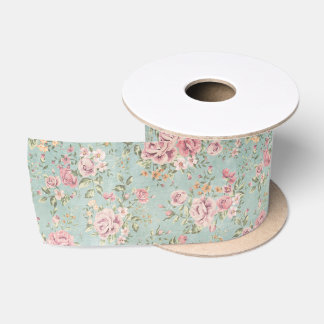 Vintage victorian shabby chic pale blue floral red satin ribbon