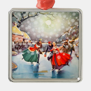 Vintage Victorian Skaters Metal Ornament