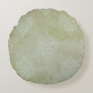 Vintage Victorian Smoky Green Faded Damask Round Cushion