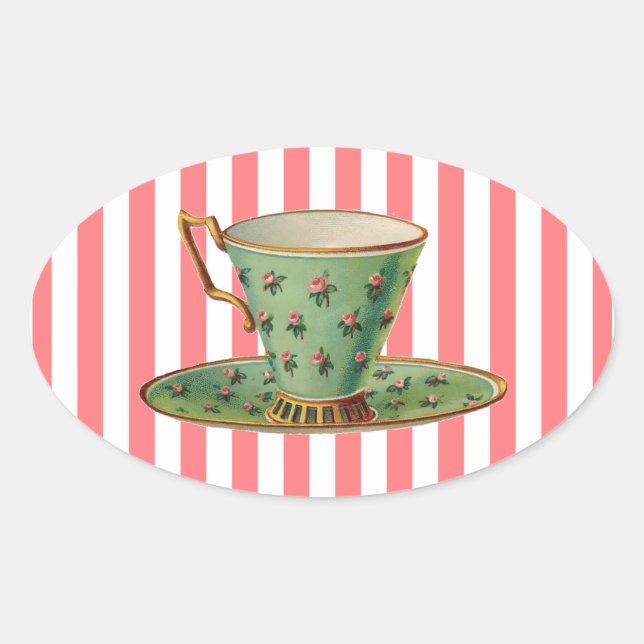Vintage Victorian Tea Cup Oval Sticker (Front)