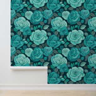 Vintage Victorian Teal Floral Climbing Roses Wallpaper