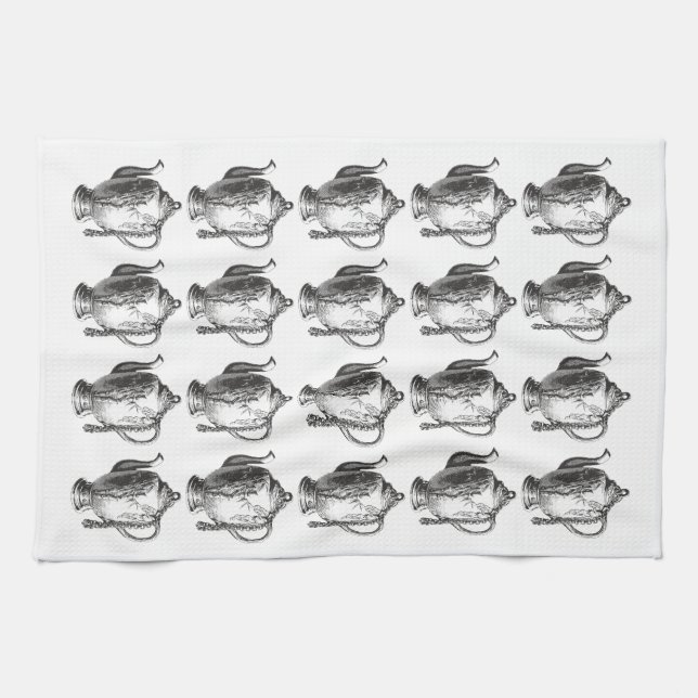 Vintage Victorian Teapot Pattern Tea Towel – Black (Horizontal)
