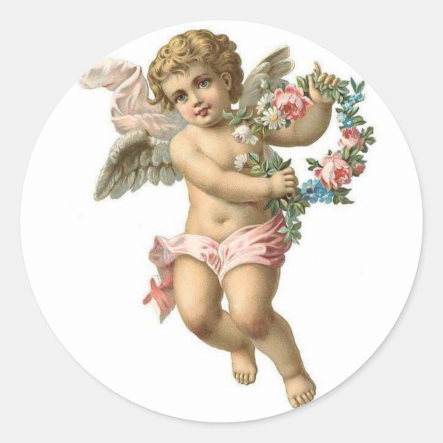 Vintage Victorian Valentine Cherub Classic Round Sticker (Front)