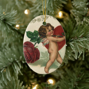 Vintage Victorian Valentine Cherub, Rose and Heart Ceramic Tree Decoration