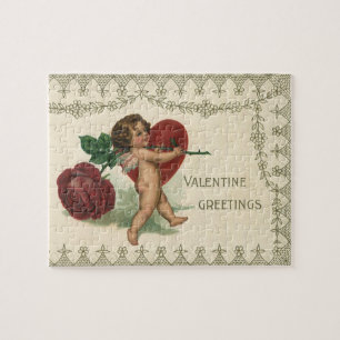 Vintage Victorian Valentine Cherub, Rose and Heart Jigsaw Puzzle