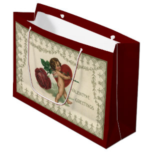 Vintage Victorian Valentine Cherub, Rose and Heart Large Gift Bag
