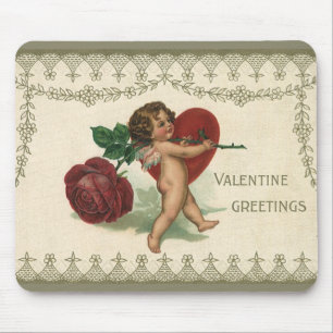 Vintage Victorian Valentine Cherub, Rose and Heart Mouse Pad