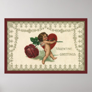 Vintage Victorian Valentine Cherub, Rose and Heart Poster