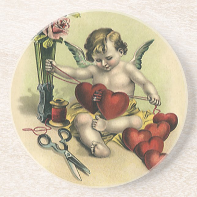 Vintage Victorian Valentine's Day Angel Seamstress Coaster (Front)