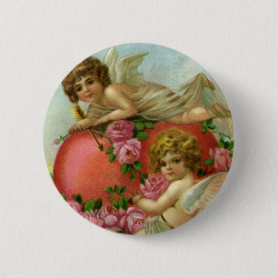 Vintage Victorian Valentines Day Angels Heart Rose 6 Cm Round Badge