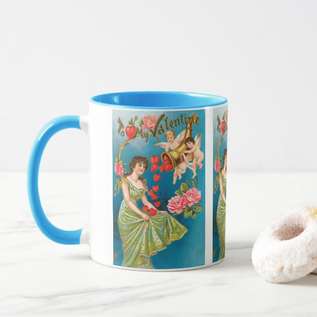 Vintage Victorian Valentine's Day Angels & Hearts Mug (With Donut)
