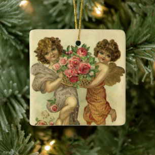 Vintage Victorian Valentine's Day, Angels Roses Ceramic Ornament