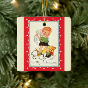 Vintage Victorian Valentines Day Boy, Cat and Dogs Ceramic Ornament