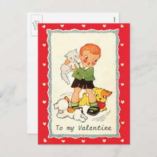 Vintage Victorian Valentines Day Boy, Cat and Dogs Holiday Postcard