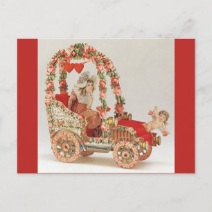 Vintage Victorian Valentines Day, Car with Flowers Holiday Postcard