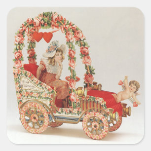 Vintage Victorian Valentines Day, Car with Flowers Square Sticker