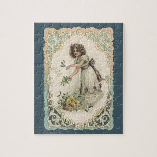 Vintage Victorian Valentine's Day, Girl with Roses Jigsaw Puzzle