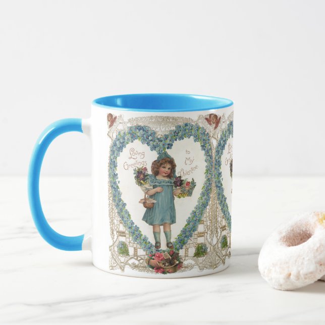 Vintage Victorian Valentine's Day, Heart Wreath Mug (With Donut)
