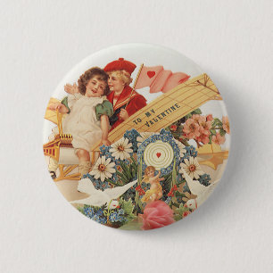 Vintage Victorian Valentines Day, Kids in Aeroplan 6 Cm Round Badge