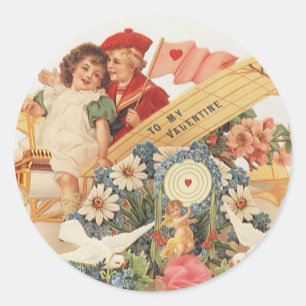 Vintage Victorian Valentines Day, Kids in Aeroplan Classic Round Sticker