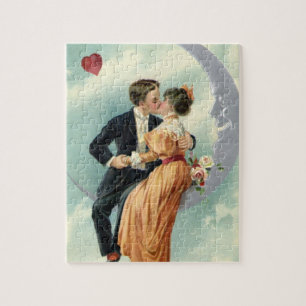 Vintage Victorian Valentine's Day Kiss on the Moon Jigsaw Puzzle