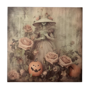 Vintage Victorian Witch Pumpkin Roses Ceramic Tile