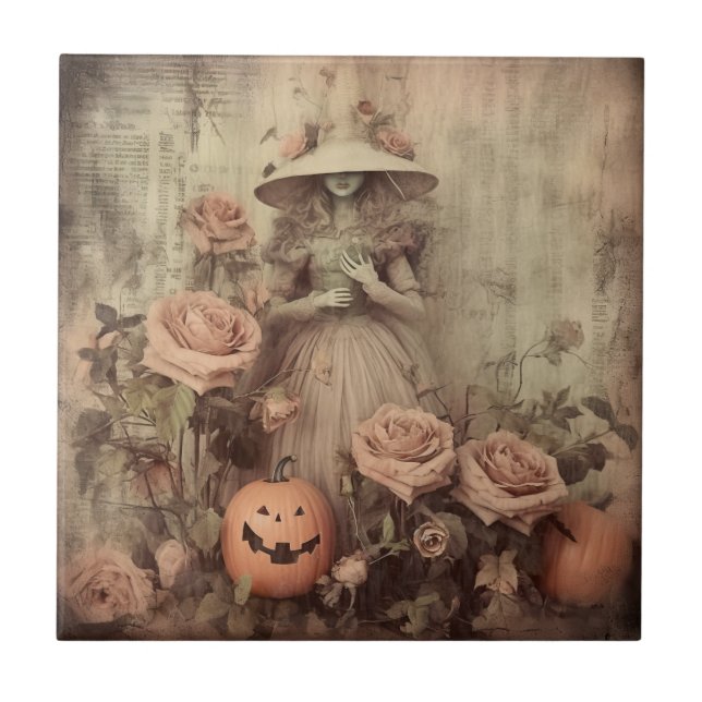 Vintage Victorian Witch Pumpkin Roses Ceramic Tile (Front)