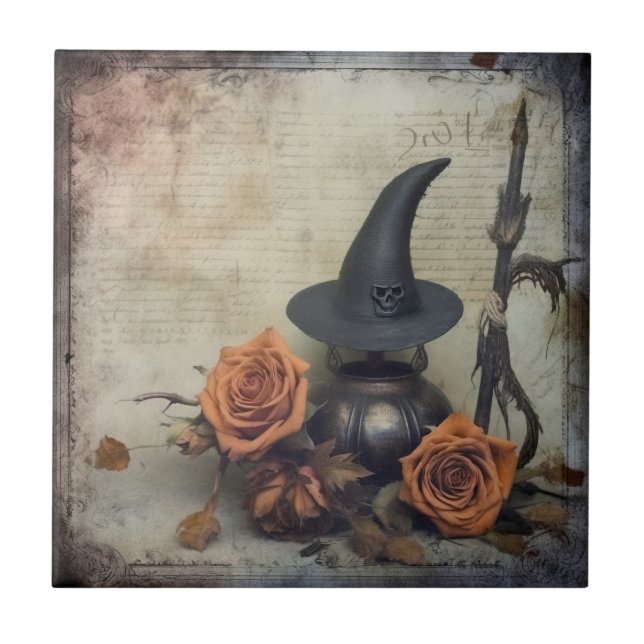 Vintage Victorian Witch Pumpkin Roses Ceramic Tile (Front)