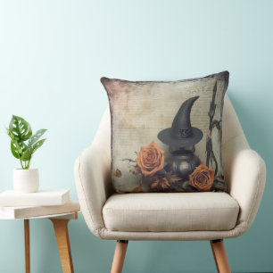 Vintage Victorian Witch Pumpkin Roses Cushion