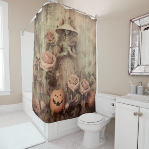 Vintage Victorian Witch Pumpkin Roses Shower Curtain