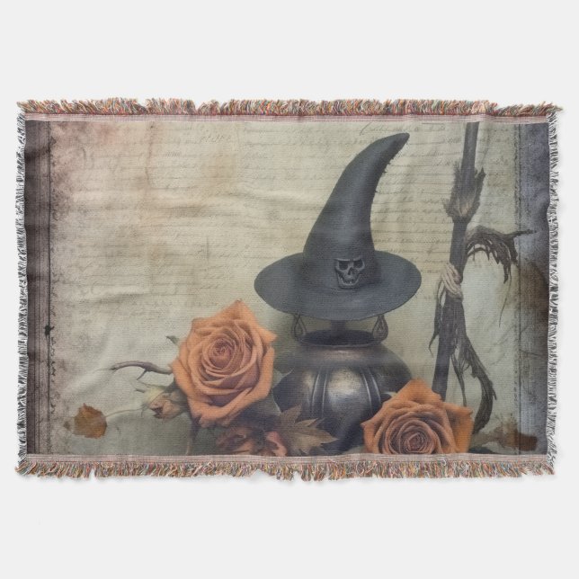 Vintage Victorian Witch Pumpkin Roses Throw Blanket (Front)
