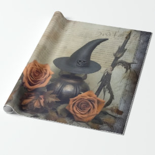 Vintage Victorian Witch Pumpkin Roses Wrapping Paper