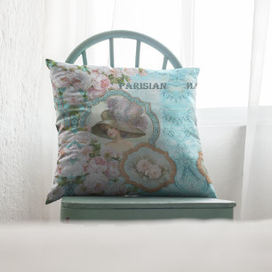 Vintage Victorian Woman Floral Roses Powder Blue Cushion