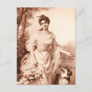 Vintage Victorian Woman w Border Collie Dog Retro Postcard