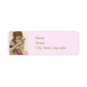 Vintage Victorian Woman & White Dog , Pink Gold Return Address Label