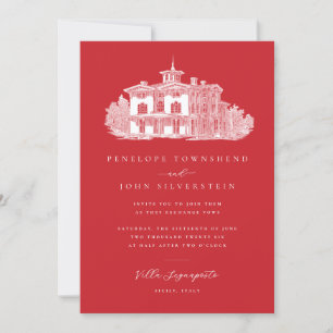Vintage Villa Illustration Italian Red Wedding Invitation