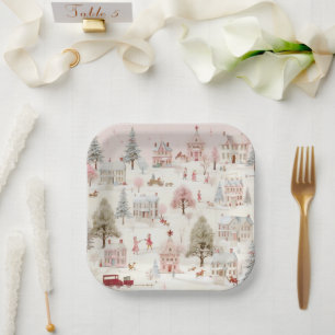 Vintage Village Pink Christmas Paper Plate