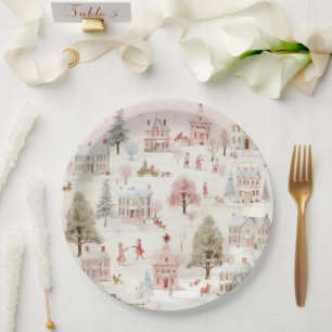 Vintage Village Pink Christmas  Paper Plate