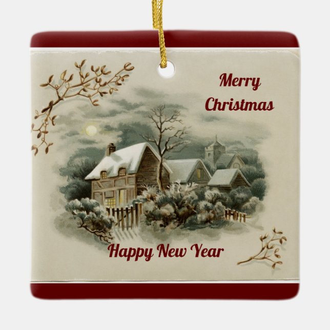Vintage Village Scene Ceramic Ornament (Front)