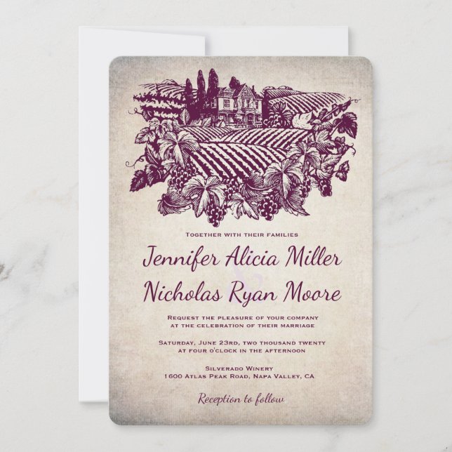 Vintage Vineyard Winery Burgundy Wedding Invitation (Front)