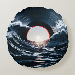 Vintage Vinyl Surf Wave Ocean Retro Music Round Cushion