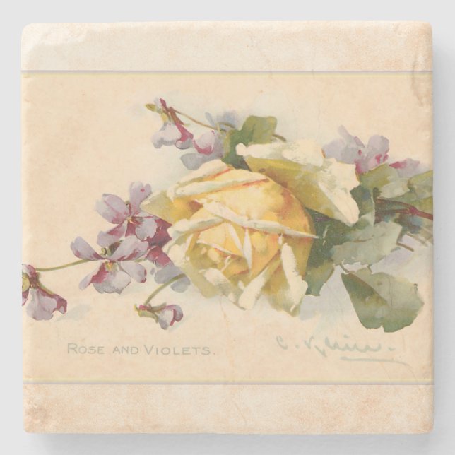 Vintage Violets and Roses Stone Coaster (Front)