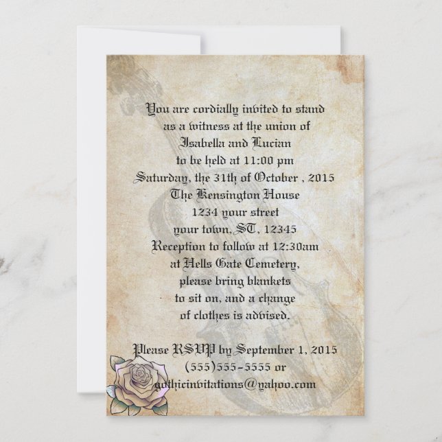 Vintage Violin and Rose Goth Wedding Invitations (Front)