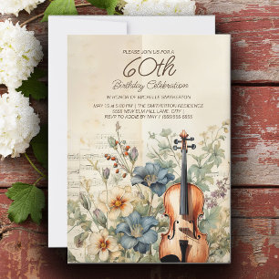 Vintage Violin Dusty Blue Flowers 60th Birthday Invitation