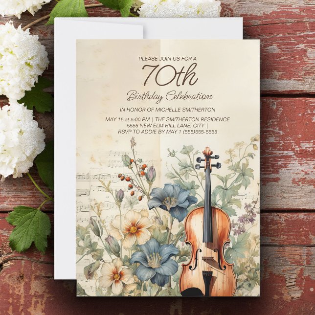 Vintage Violin Dusty Blue Flowers 70th Birthday Invitation (Vintage violin 70th birthday party invitation )