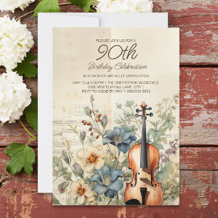 Vintage Violin Dusty Blue Flowers 90th Birthday Invitation