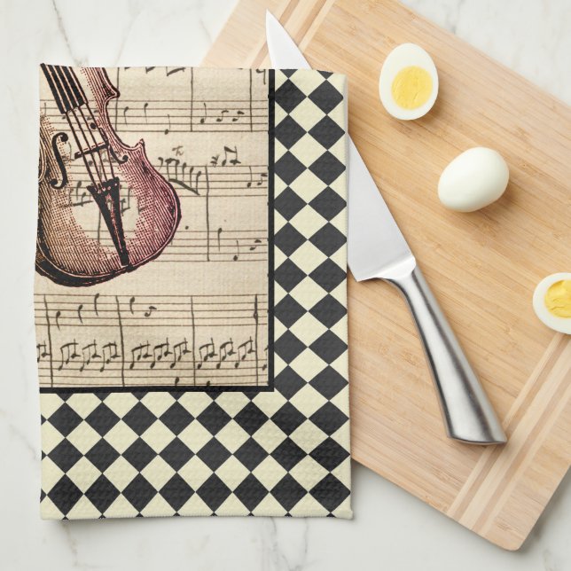 Vintage Violin Harlequin Border  Tea Towel (Quarter Fold)